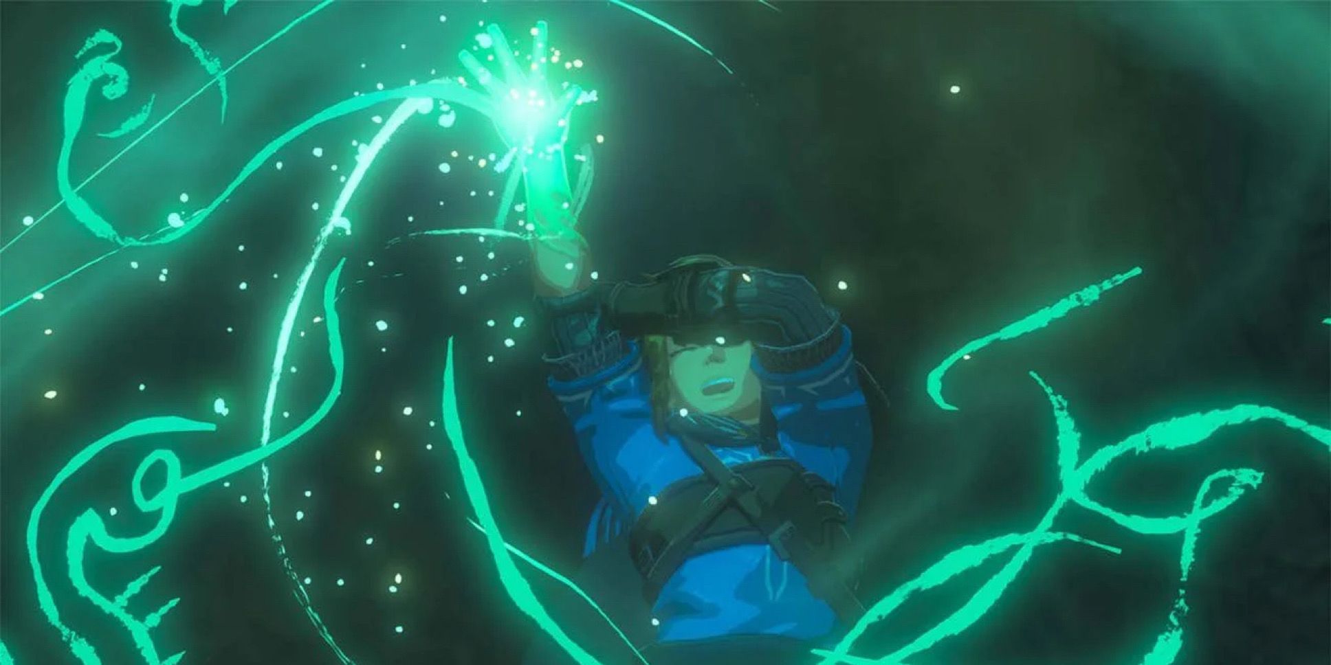 Uma imagem promocional de Tears of the Kingdom, apresentando as novas habilidades de braço de Link
