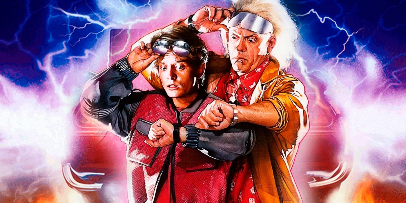 Marty McFly and Doc Brown look down at their watches