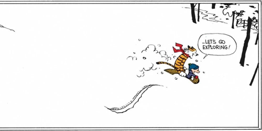 Calvin & Hobbes go exploring on their sled