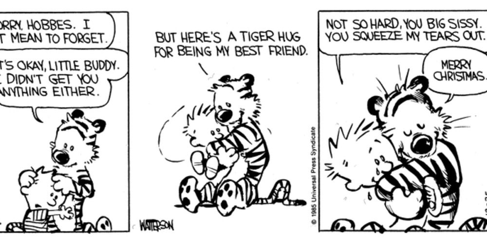 Calvin and hobbes hug as their Christmas present to each other