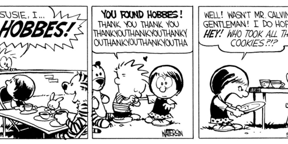 Calvin looking for Hobbes and thanking Susie in Calvin & Hobbes