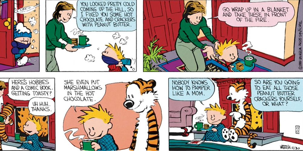 Calvin's mom pampers him in Calvin & Hobbes