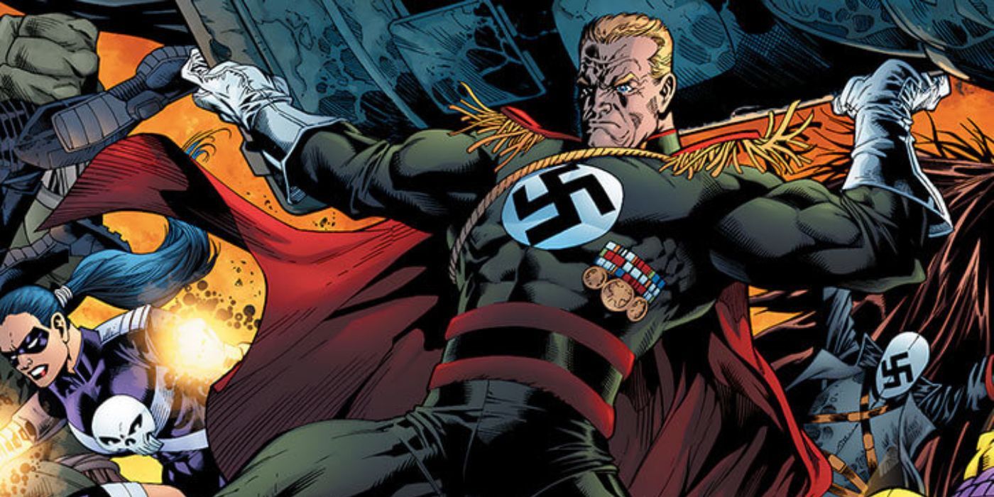 Captain Nazi lifts a car in DC Comics