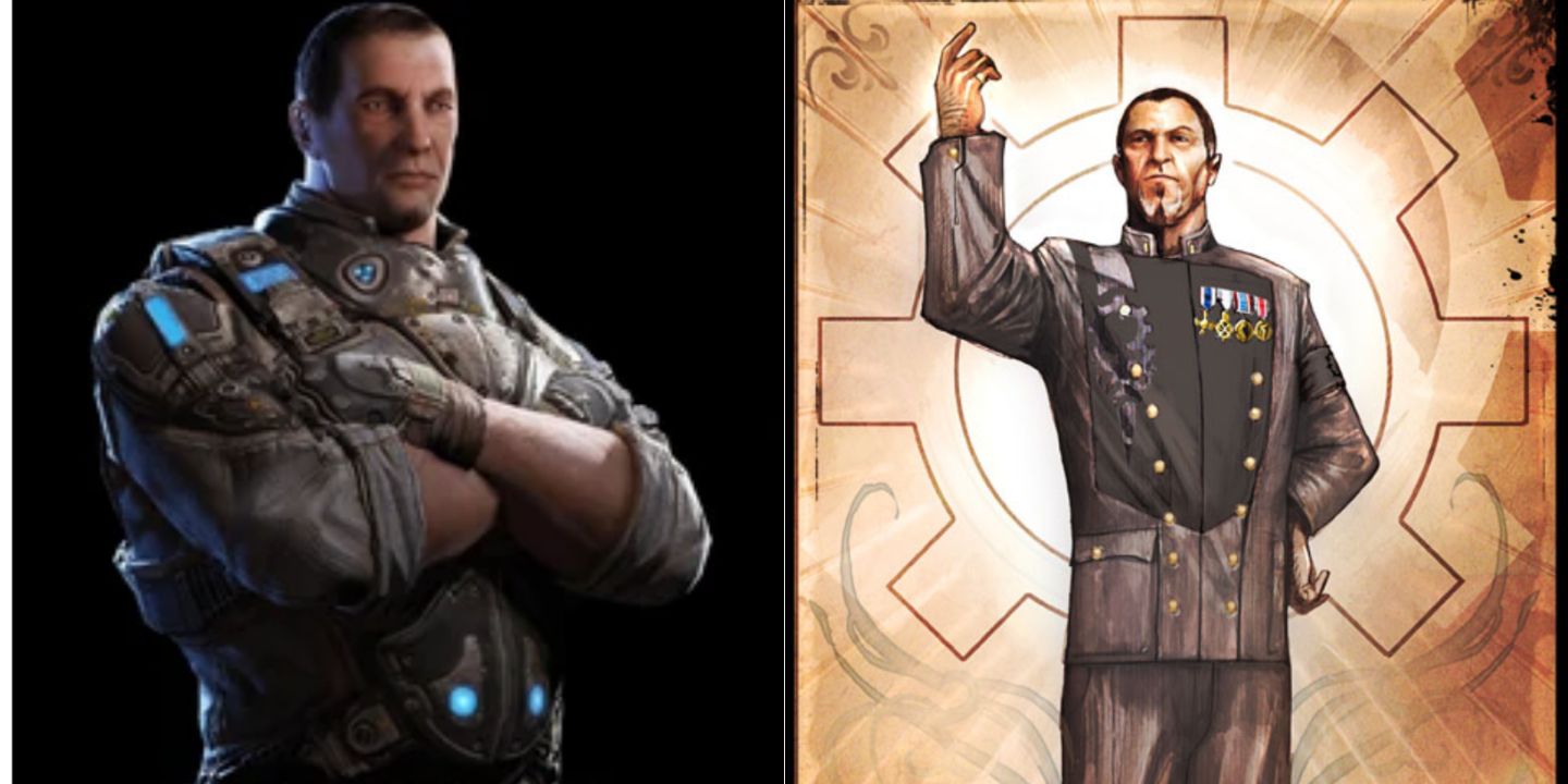 A split image of Chairman Richard Prescott from Gears Of War.