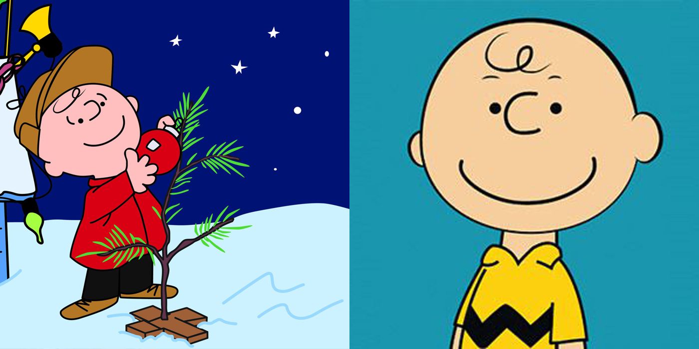A split image of Charlie Brown putting a lightbulb on a tree and of Charlie Brown smiling