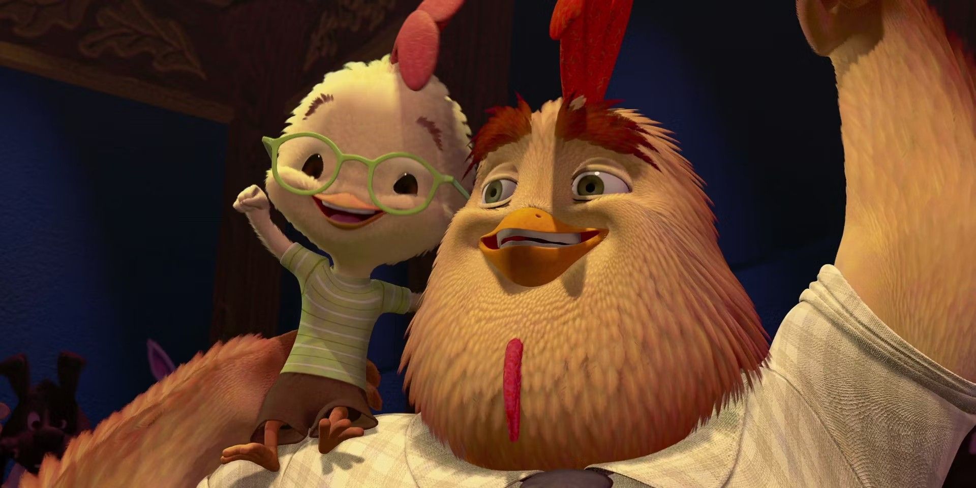 Chicken Little and Buck Chuck raising an arm in celebration from Chicken Little. 