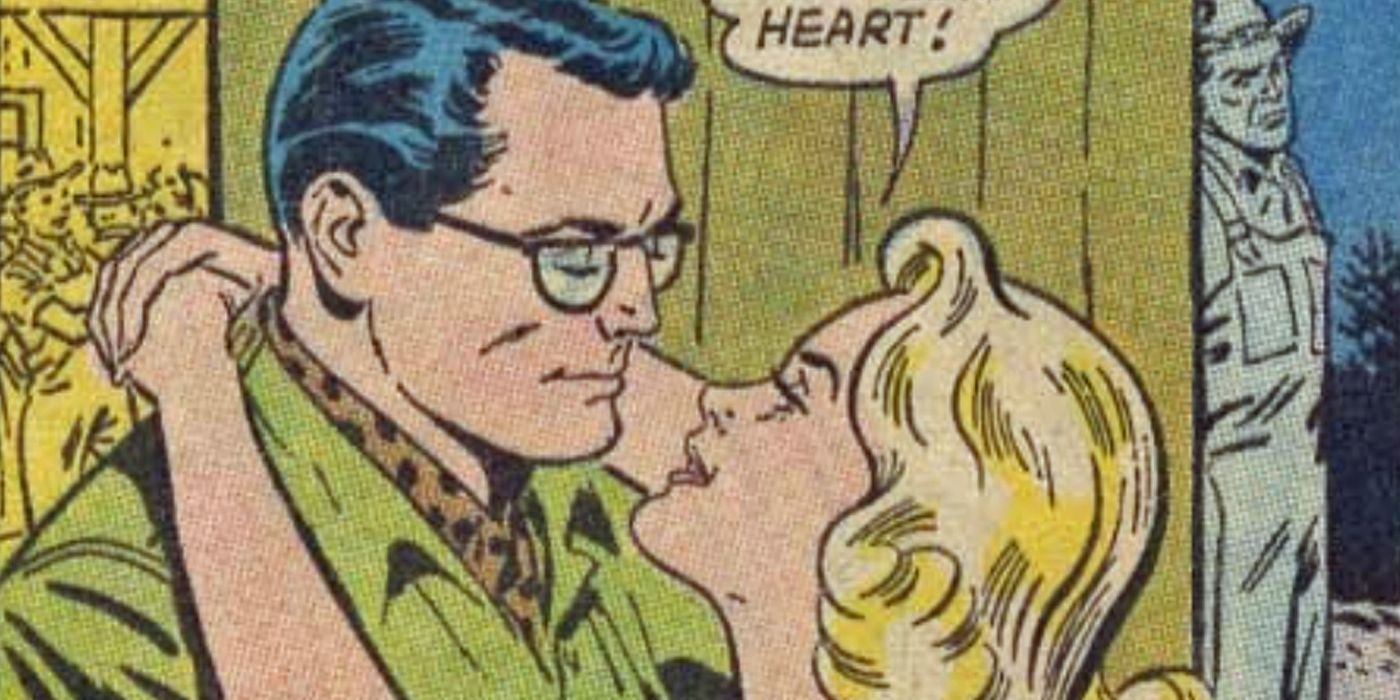 Clark Kent as Jim Smith hugging Sally Selwyn while his rival watches