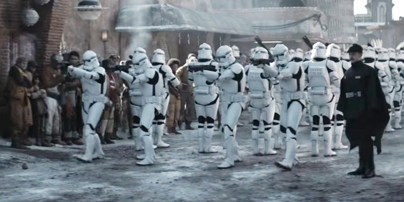 Clone Troopers marching forward as a regiment in Andor