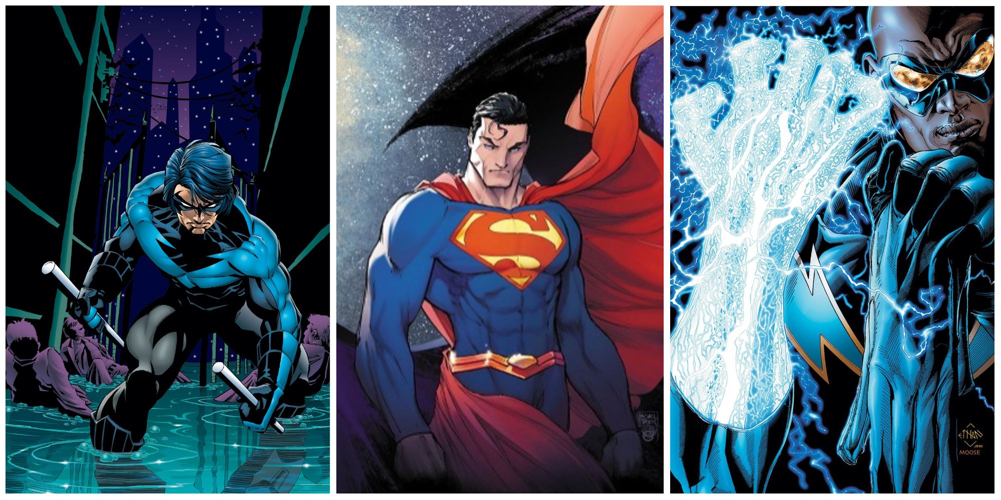 split image of Nightwing, Superman and Black Lightning from DC Comics