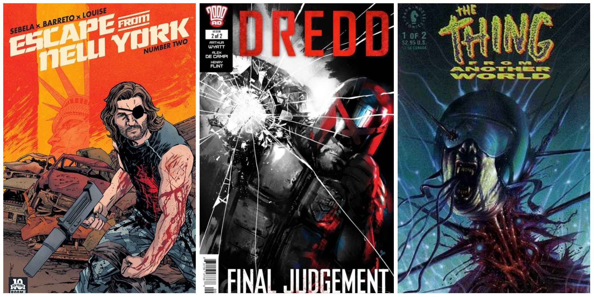 A split image of comic covers for Escape From New York, Dredd, and The Thing