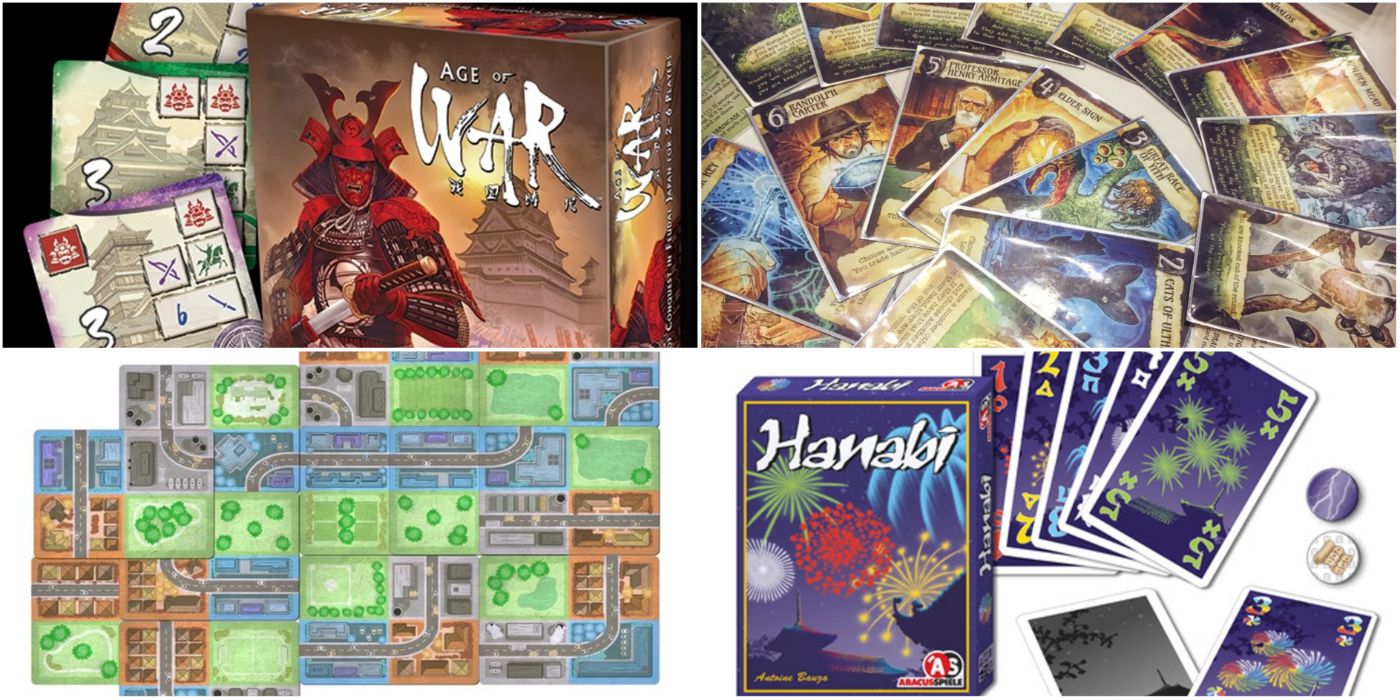 A collage of the games Age of War, Lovecraft Letter, Sprawlopolis, and Hanabi