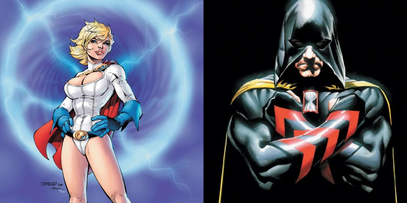 A split image of Power Girl and Hourman from DC Comics' Justice Society