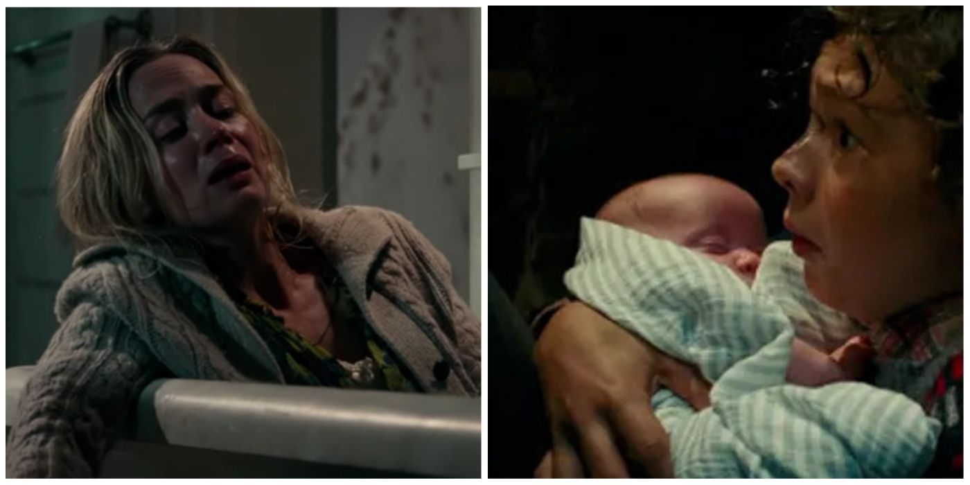 Split-image: Evelyn in the bathtub during labor, Marcus holds the baby - A Quiet Place