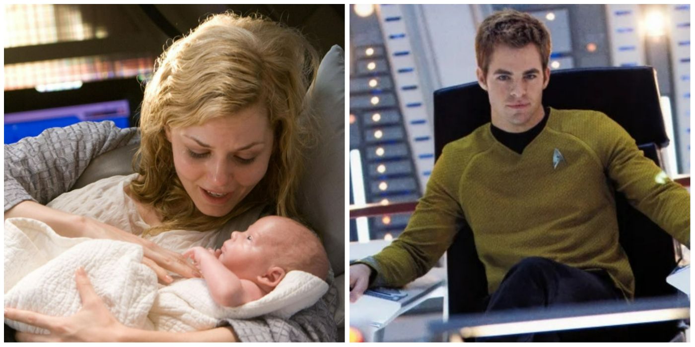 Split-image: Kirk as a baby with his mother, adult James T. Kirk - Star Trek (2009)