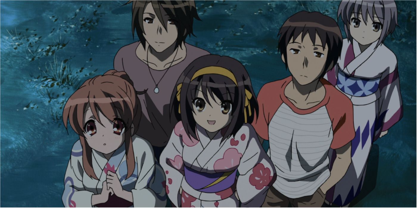 Haruhi watches the fireworks with her friends in The Melancholy Of Haruhi Suzumiya.