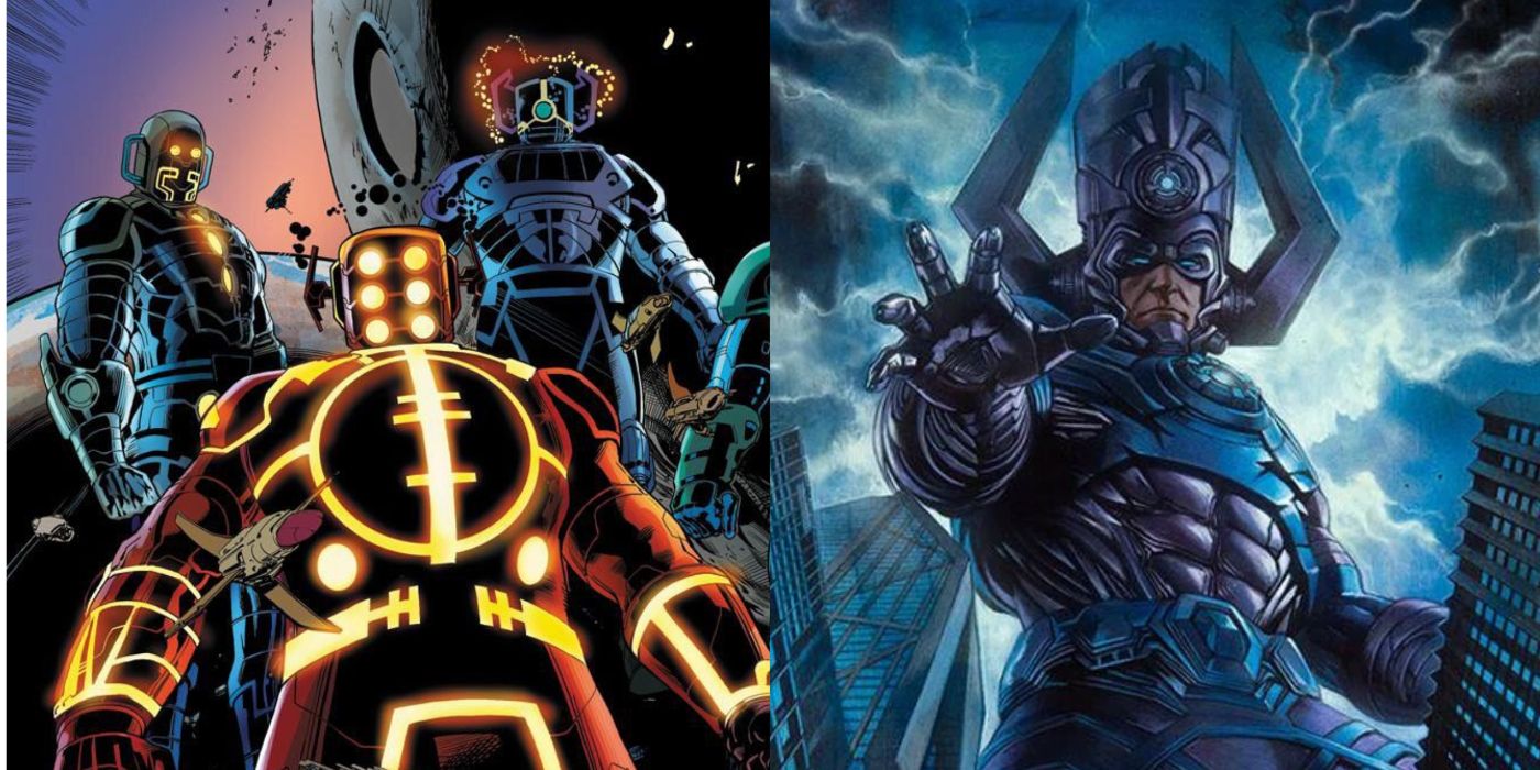A split image of The Celestials and Galactus from Marvel Comics