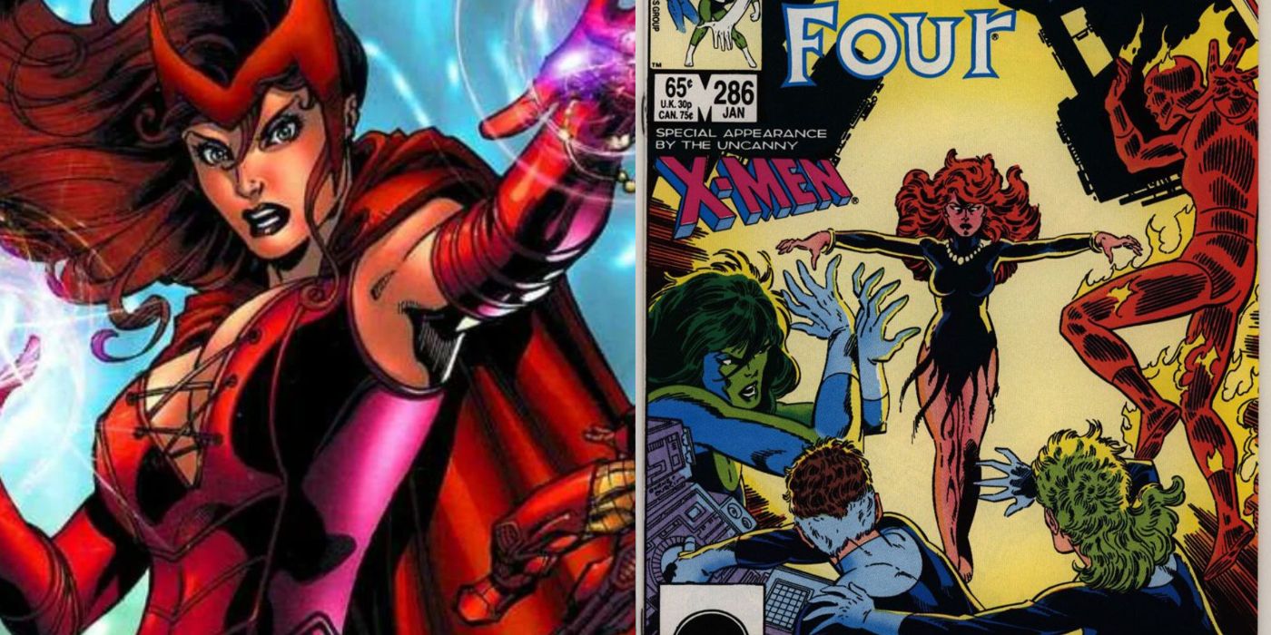 A split image of Scarlet Witch and the comic cover for the return of Jean Grey