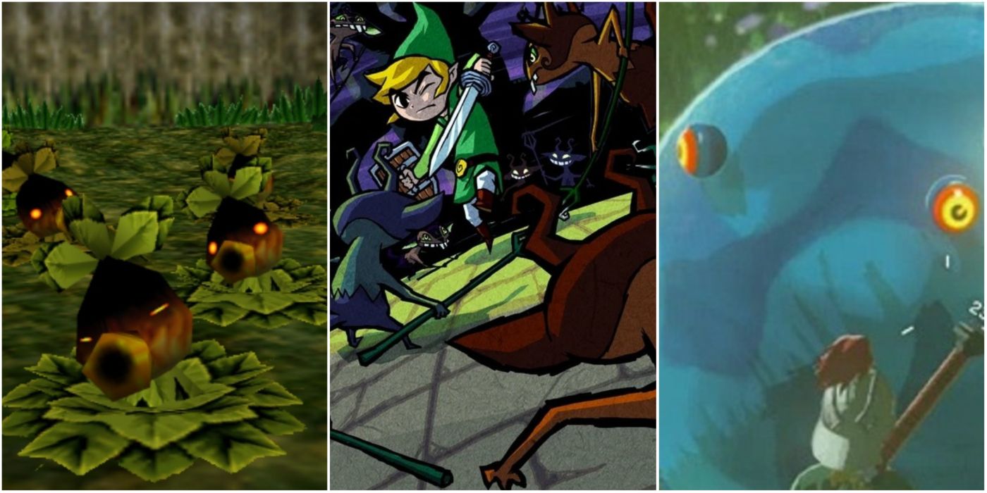 A split image of several enemies from the Legend of Zelda series, including ChuChus, Deku Scrubs, and Miniblins