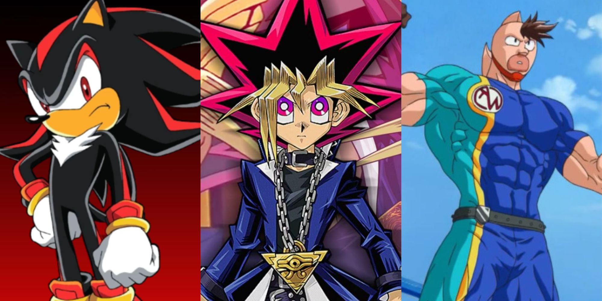 Shadow, Yugi, and Montaro Muscle from Sonic X, Yu-Gi-Oh!, and Ultimate Muscle, respectively