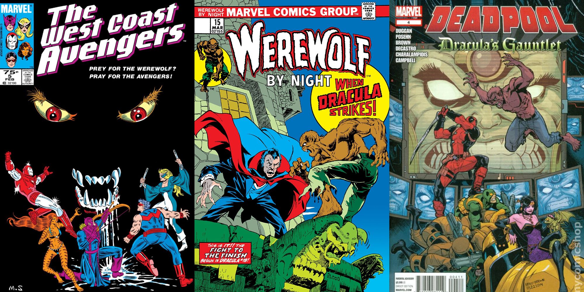 From left to right: the covers of West Coast Avengers Vol 2 #5, Werewolf by Night # 15, and Deadpool: Dracula's Gauntlet #4