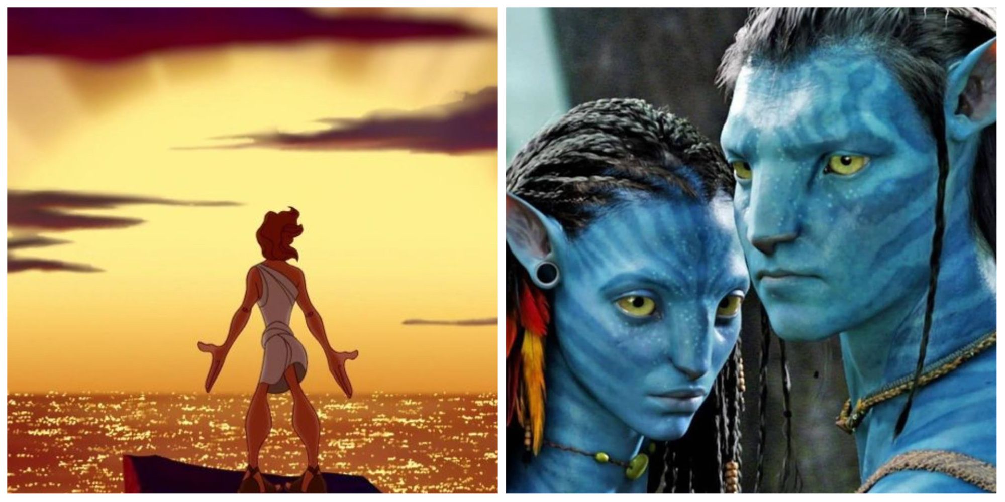 A split image of Hercules from the Disney film and of the main characters from Avatar