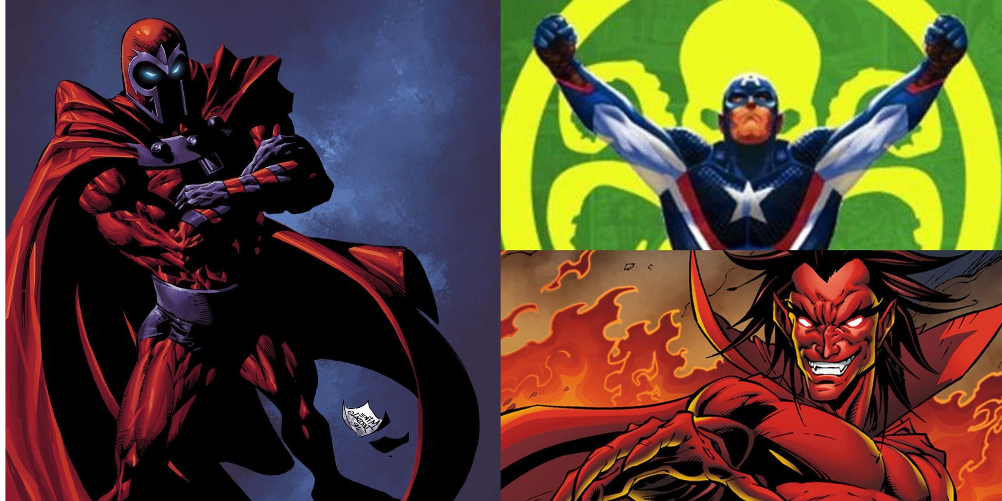 Clockwise from left: Mike Deodato's Magneto, Hydra Cap saluting, and Mephisto amidst fire