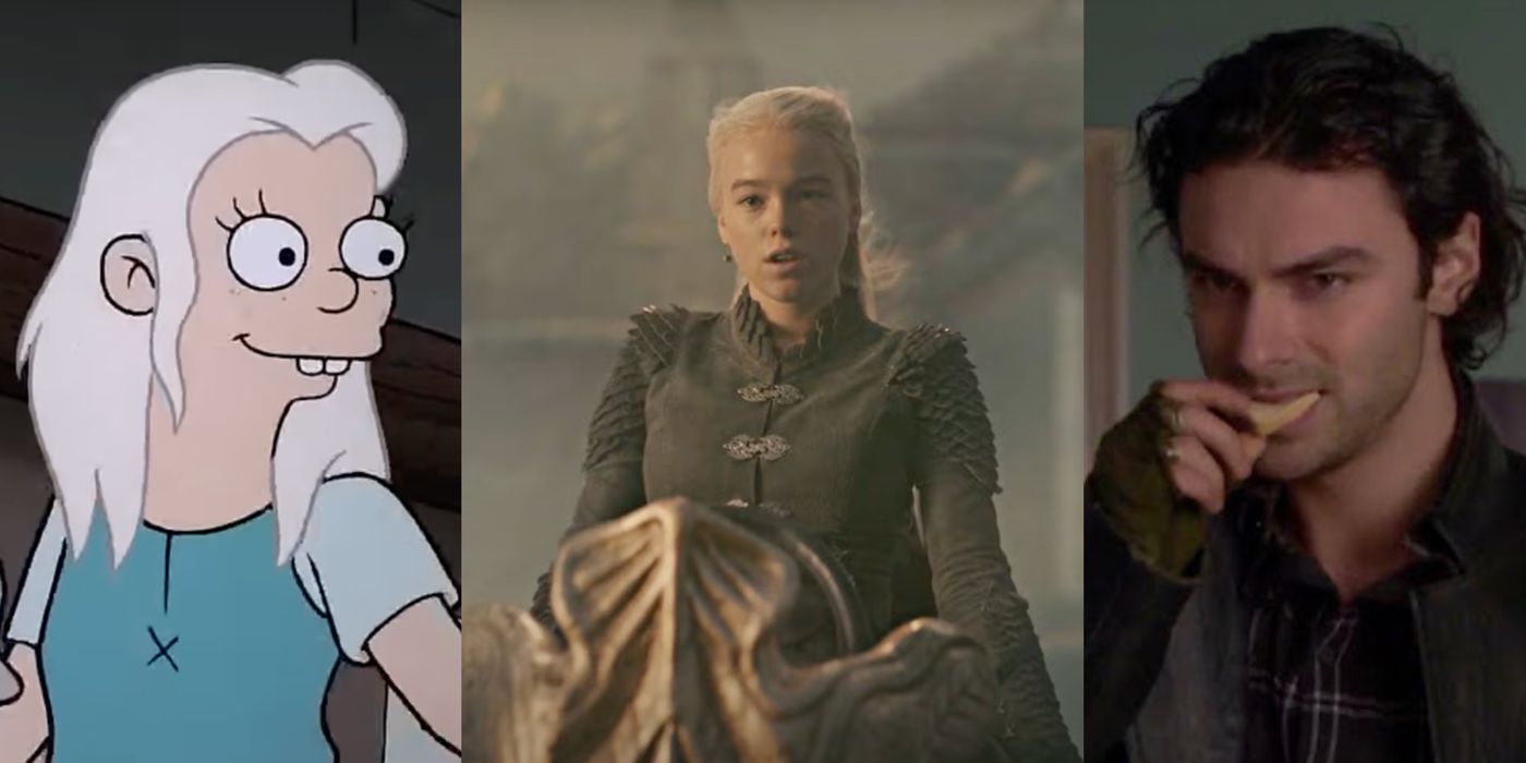 A split image of Princess Bean from Disenchanted, Rhaenyra Targaryen in House of the Dragon, Mitchell in Being Human