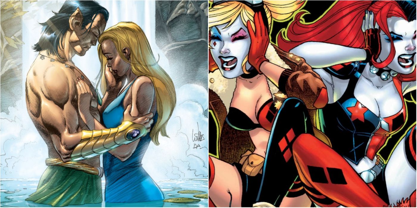 A split image of Namor holding Sandy and of two versions of Harley Quinn covering their ears