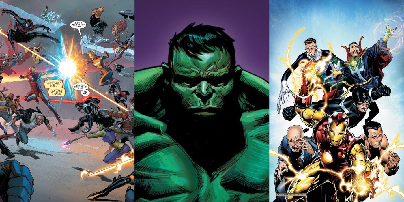 A split image of comic art depicting Marvel's Civil War 2, the Incredible Hulk, and the Illuminati