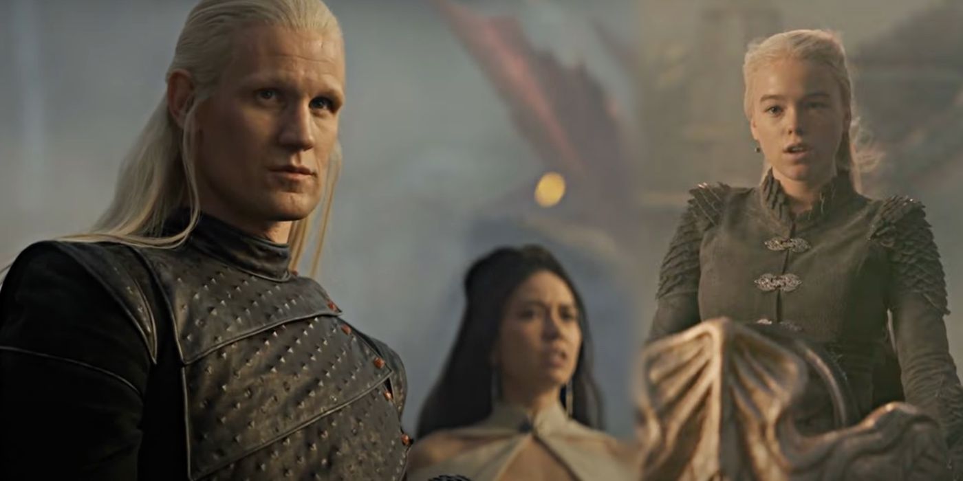 A split image depicts Daemon Targaryen, Mysaria, and Rhaenyra in House of the Dragon
