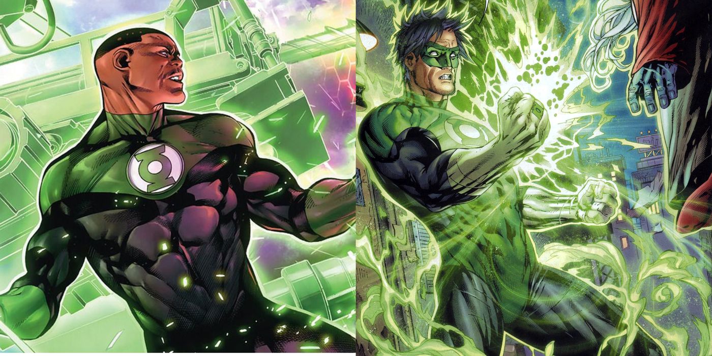 A split image of Green Lantern John Stewart and of Green Lantern Hal Jordan from DC Comics
