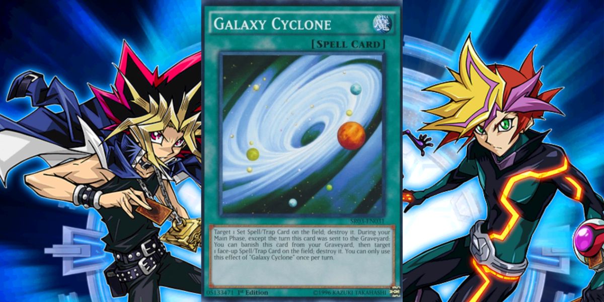 The Galaxy Cyclone card with YuGi in the background