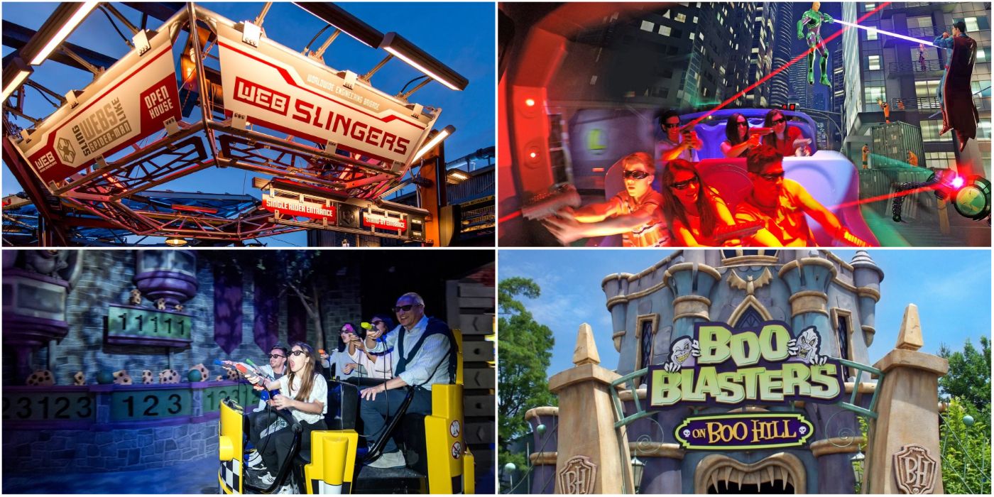 A collage of different interactive theme park rides