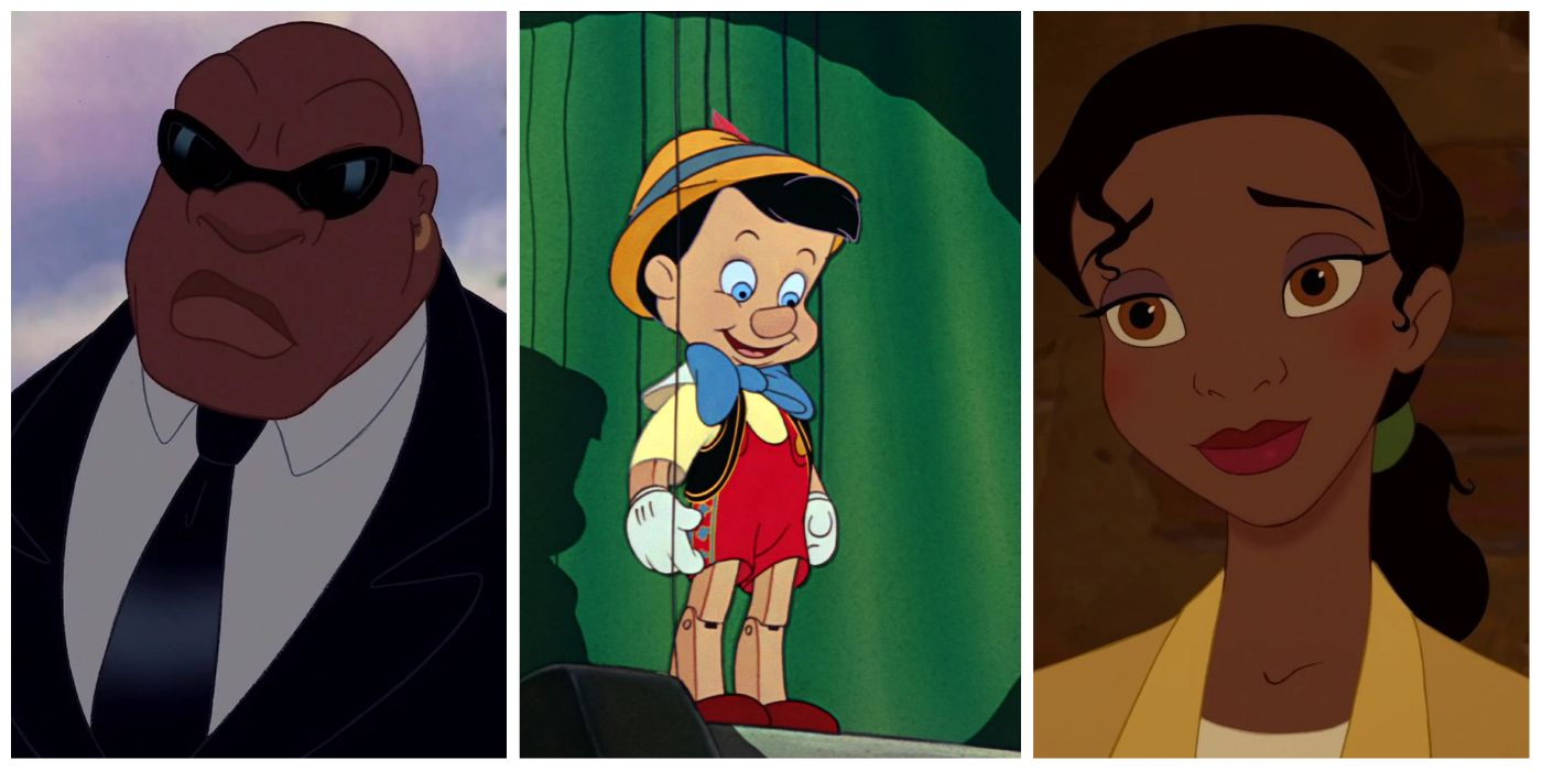 A split image of Cobra Bubbles from Lilo and Stitch, the titular character of Pinocchio, and Princess Tiana from The Princess and The Frog.