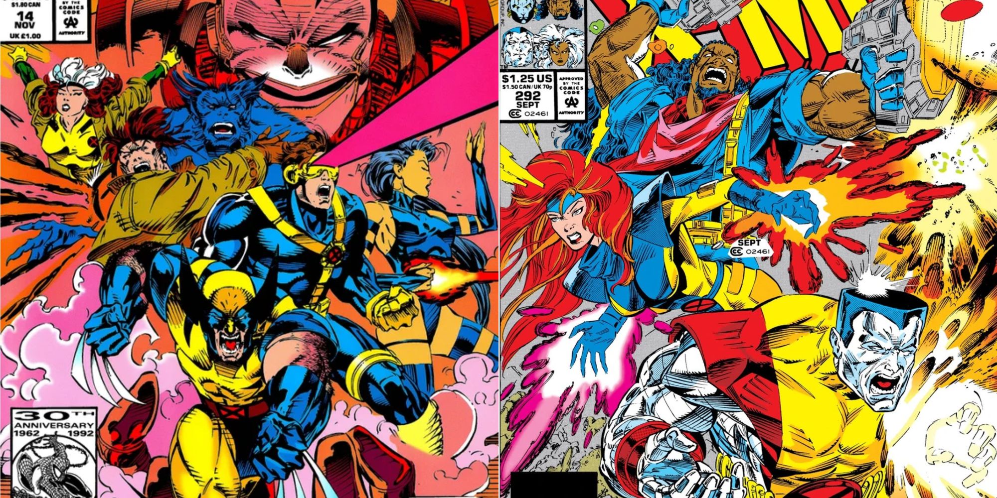 The covers to X-Men 14 and Uncanny X-Men 292, respectively featuring Rogue, Gambit, Beast, Wolverine, Cyclops, and Psylocke using their powers and Bishop, Jean Grey, and Colossus using their power