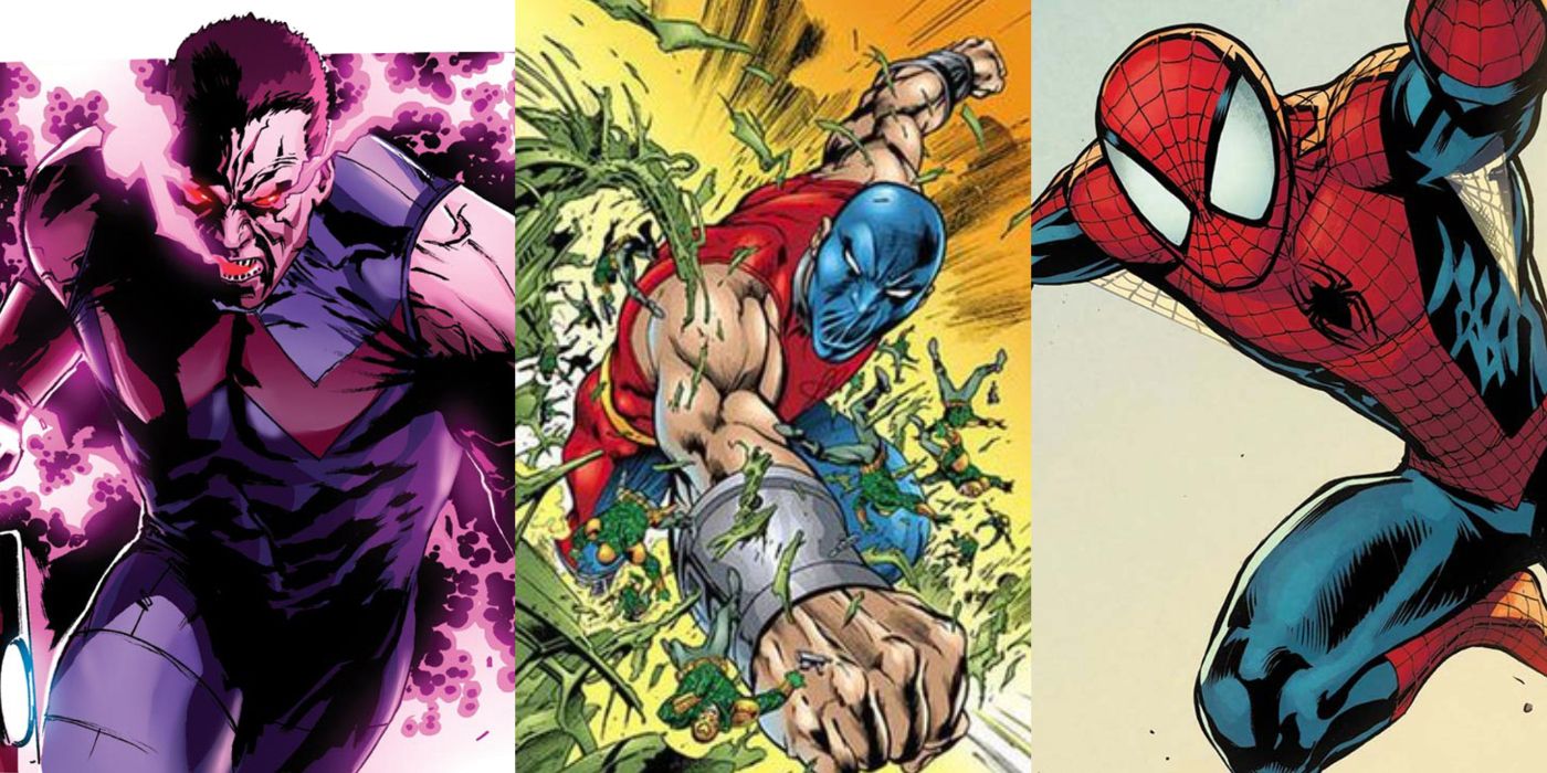 A split image of Marvel's Wonder Man, DC's Atom-Smasher, and Marvel's Spider-Man in comics
