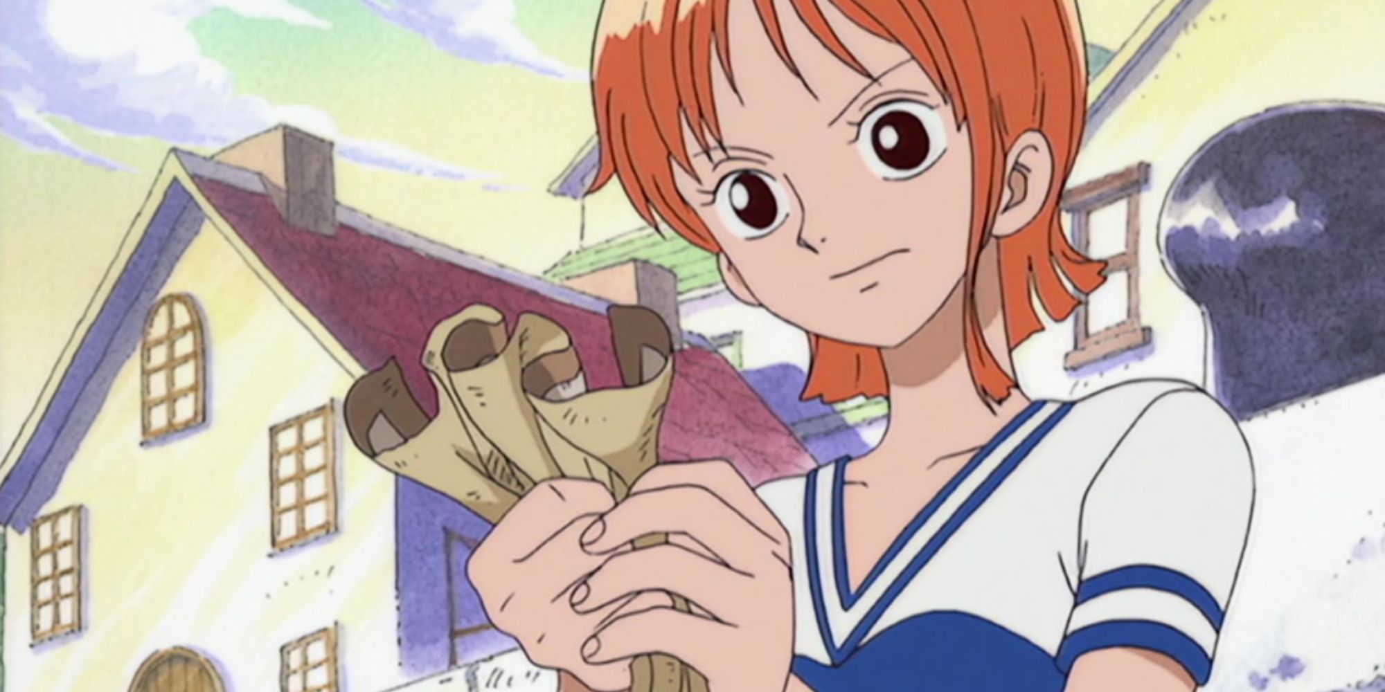Nami looks at a map during the Orange Town arc in One Piece.