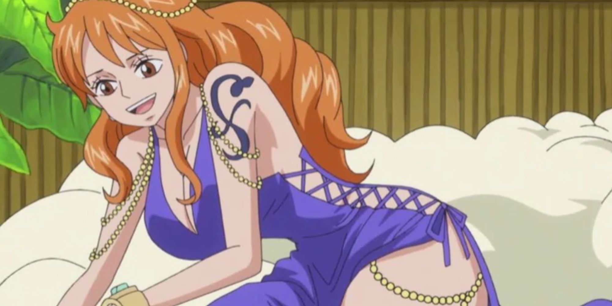Nami donning her purple dress during the Zou arc in One Piece.