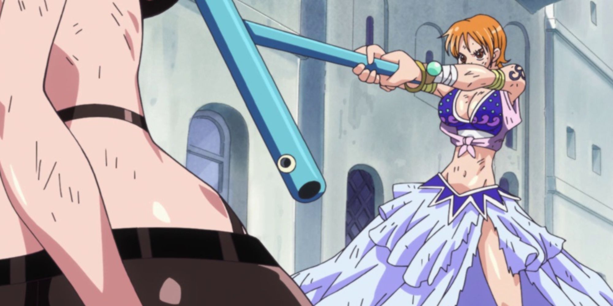 Nami during her battle with Miss Doublefinger in One Piece's Alabasta arc
