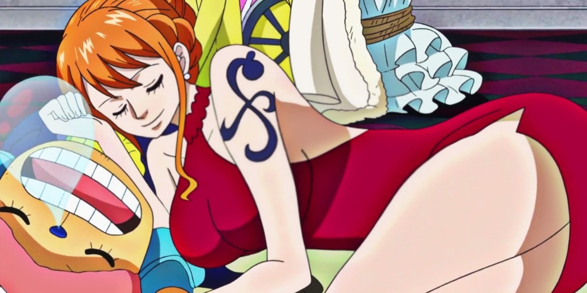 Chopper and Nami laying down during the Whole Cake Island arc in One Piece.