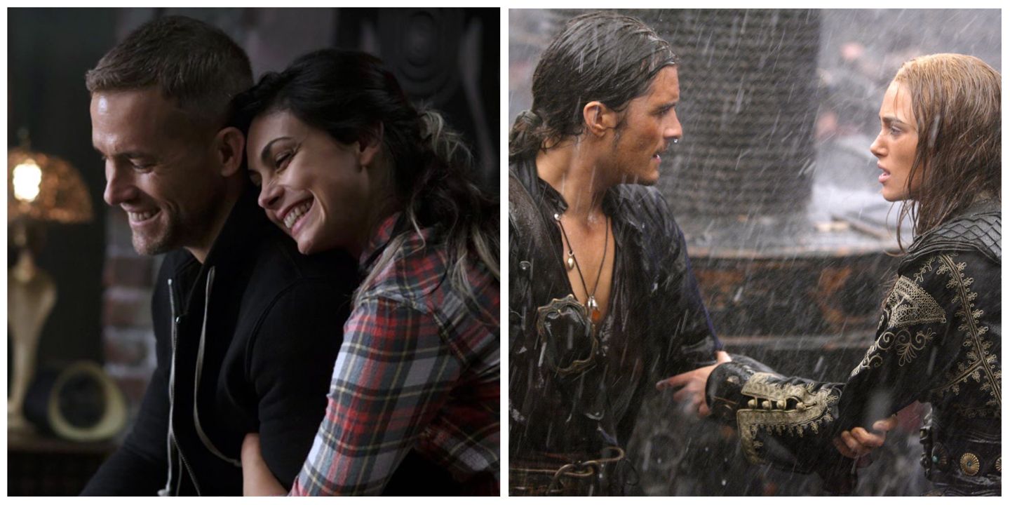 A split image of Wade and Vanessa smiling in Deadpool and Will and Elizabeth in Pirates of the Caribbean