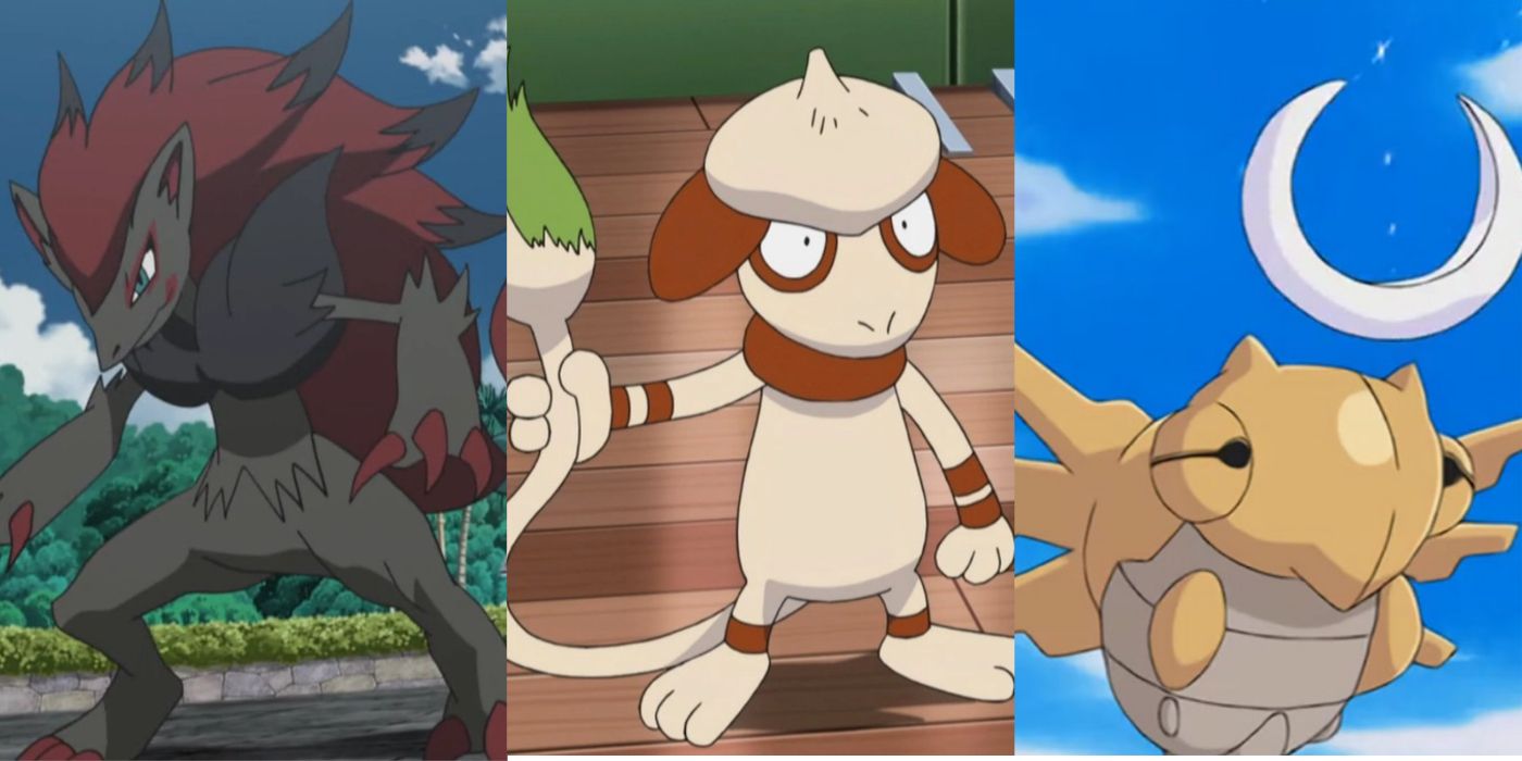 A split image of Zoroark, Smeargle, and Shedinja in the Pokémon anime