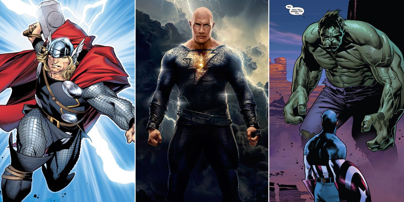 A split image of Marvel's Thor, DC's Black Adam as played by Dwayne Johnson, and Marvel's Hulk