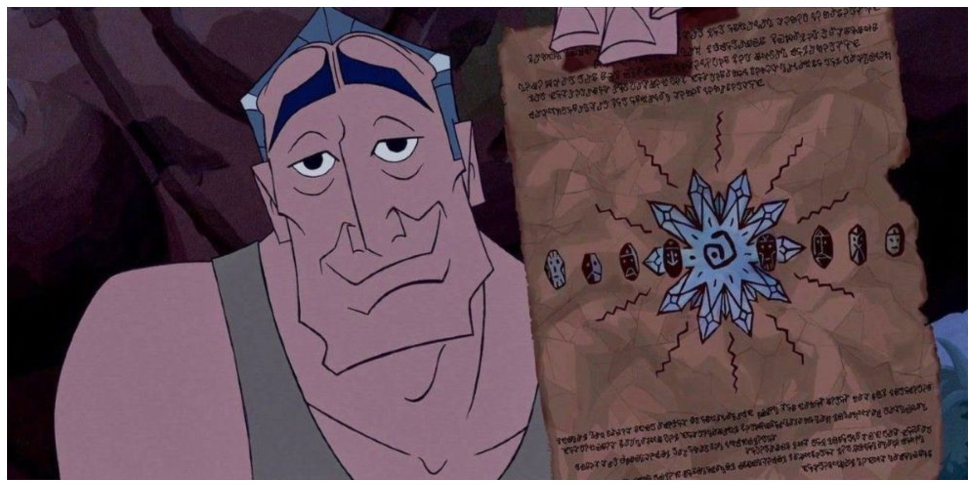 Commander Rourke holding the missing page of the Shepard’s Journal  in Atlantis: The Lost Empire