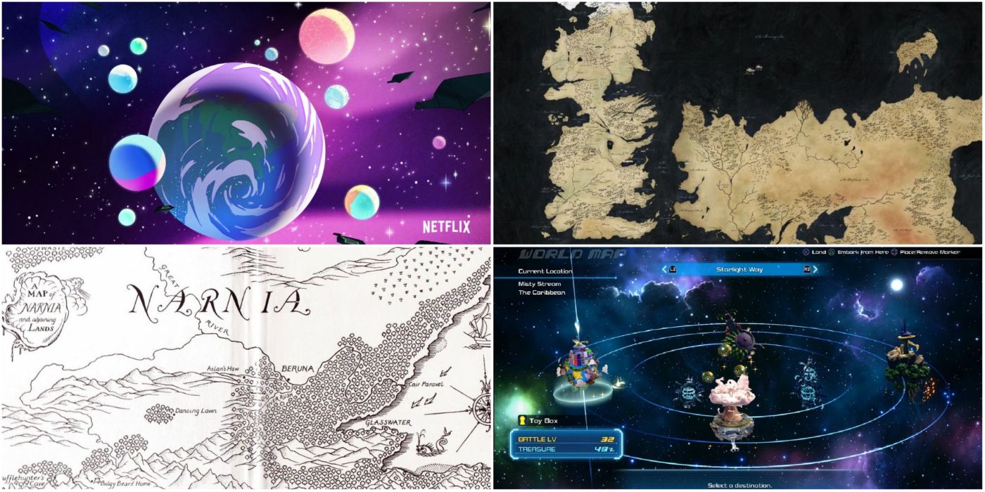 A collage of Etheria, Westeros, Narnia, and the worlds of Kingdom Hearts
