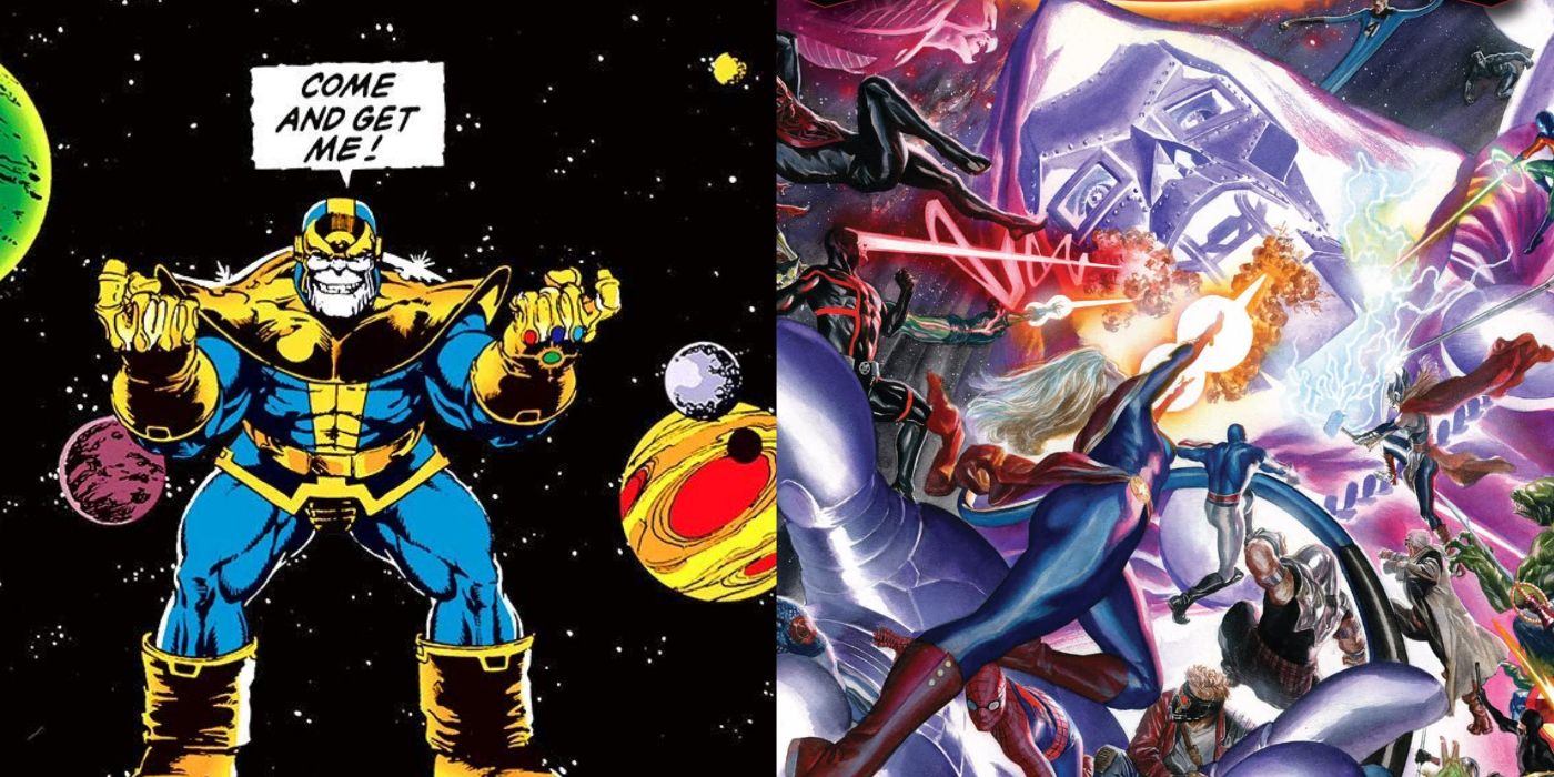 A split image of Thanos with the Infinity Gauntlet and God Emperor Doom battling Marvel's heroes
