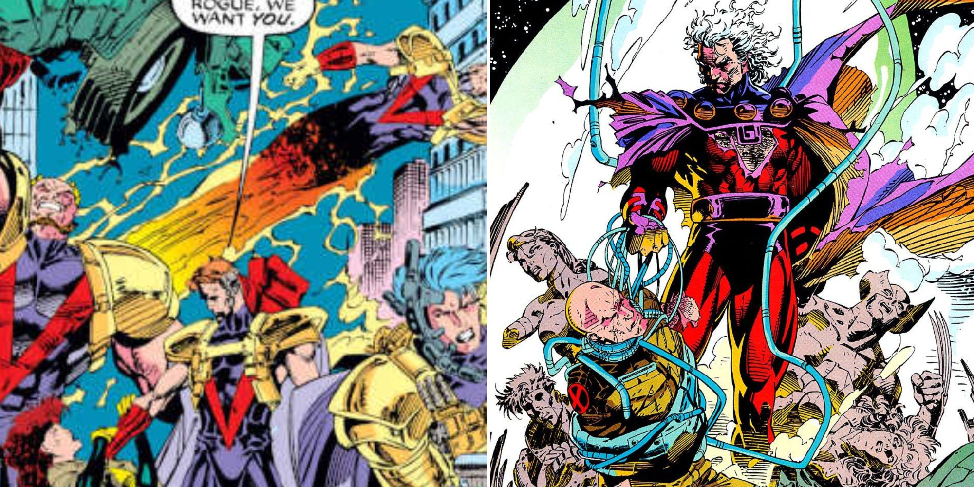 A split image of Marvel Comics' Fabian Cortez, Rogue, and the Acolytes and Magneto holding Xavier hostage in front of broken X-Men Statues