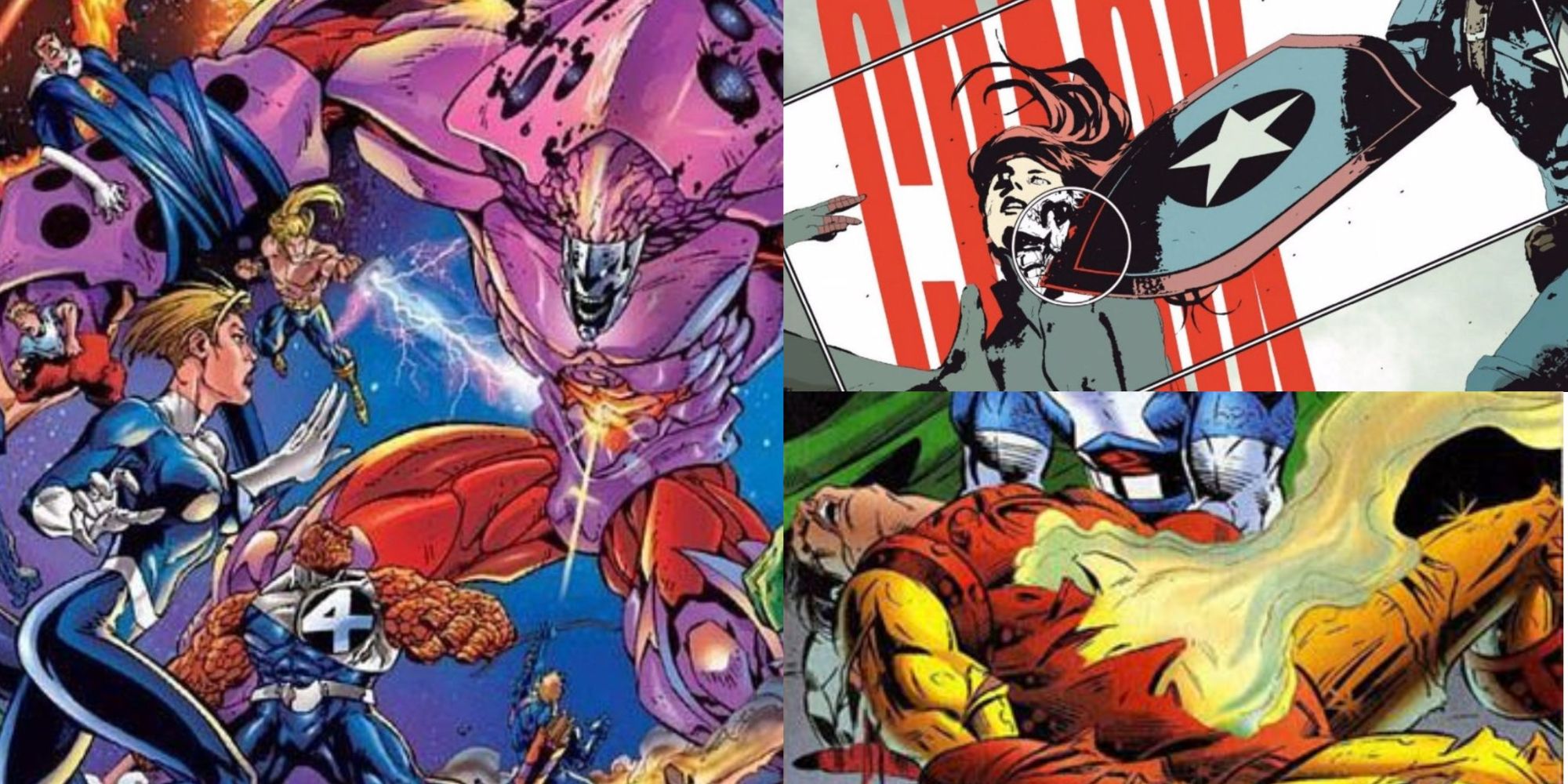 Clockwise from left: The Avengers and Fantastic Four fighting Onslaught, Black Widow dying in Secret Empire, and Iron Man's corpse in 