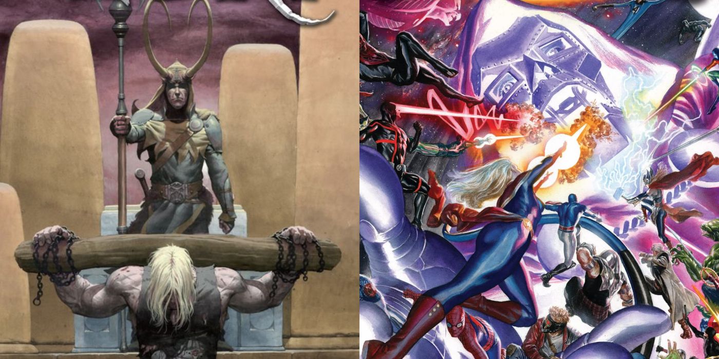 A split image of Loki lording his victory over Thor and God Emperor Doom battling Marvel's heroes