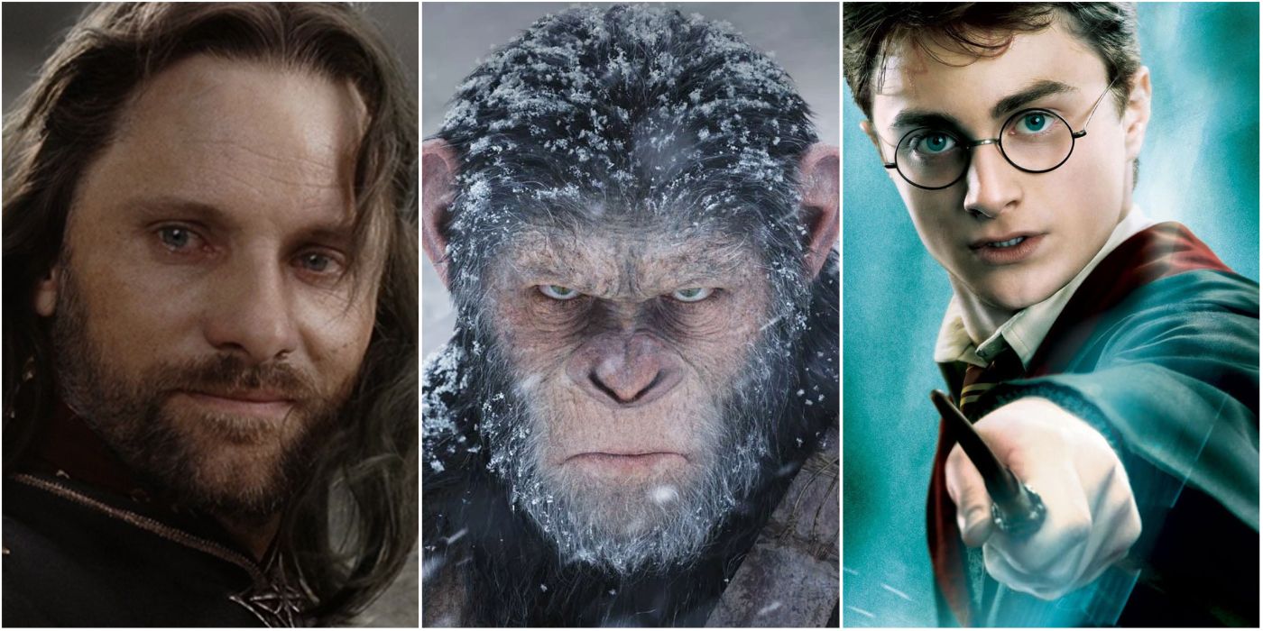 Lord of the Rings Aragorn, Planet of the Apes Caesar, Harry Potter Collage
